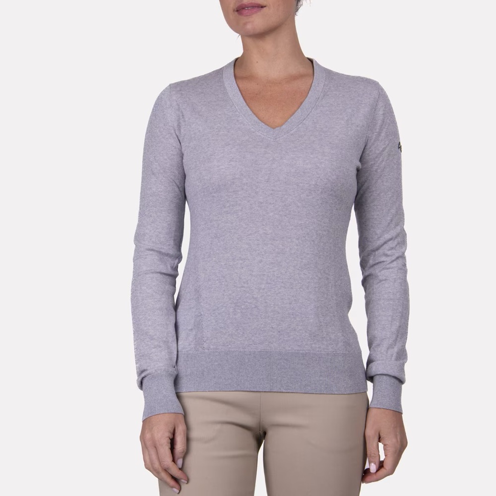 KJUS Women's Shine V-Neck Sweater Merino Wool Lightweight Pullover Silver